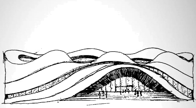 Hand sketch of a wavy, arched public building