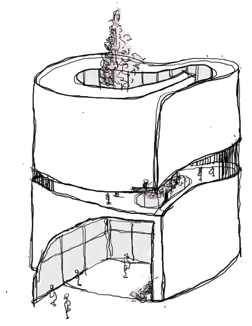 Hand sketch of a two-storey curved building with a tree rising through its central void
